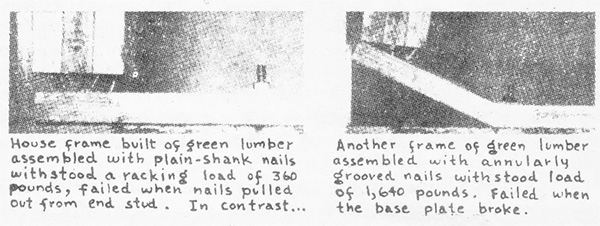 A load test comparing the holding power of smooth nails (left) versus threaded or grooved nails in green lumber.